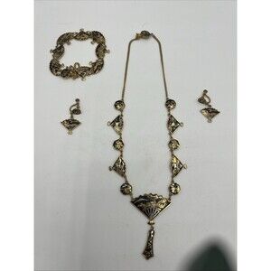 Vintage Amita Damascene Fan Link 3 Piece Set 24k Gold Plated Japan Full Parure